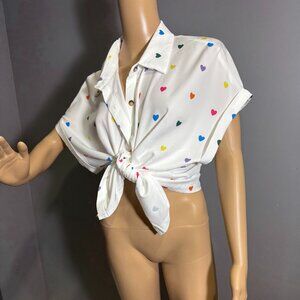 White Button-Down Shirt with Rainbow Heart Print ~ Fun, Playful Oversized Fit